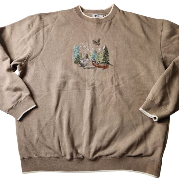 Vintage Embroidery Graphic Nature Fishing Fall Pullover Sweatshirt Tan Size XL - Picture 1 of 8